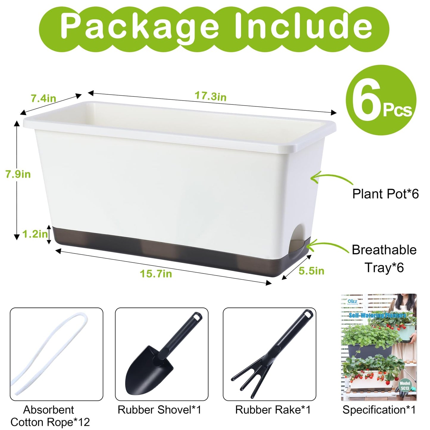 Window Box Planter 6 Pcs, 17 Inches Rectangle Flower Pots with Drainage Holes and Trays, Vegetable Planters for Windowsill Patio Garden Balcony Home Porch Yard Indoor Outdoor (Grey, 17*7.4*7.8 inch)