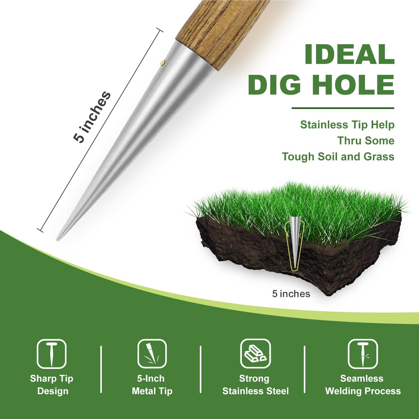 Haliaeetus Dibber Garden Tool, Stamped Stainless Steel Tip Seed Dibber, Smooth Splinter-Free T-Shape Wood Handle Dibbler with Comfortable Grip, 11'' Dibber for Planting Seed and Transplanting Seedling