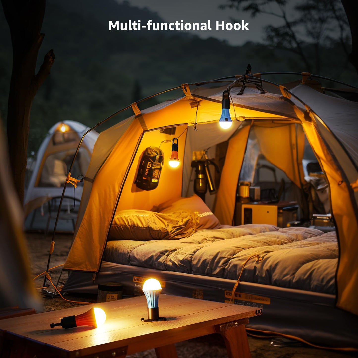 Lepro LED Rechargeable Camping Lantern, 7 White and RGB Light Modes, Camping Essentials, Hanging Light Bulbs with Clip Hook for Camping, Christmas, Decorations, Emergency, USB Cable Included, 2 Packs