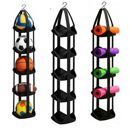 BOXIN 5-Tier Hanging Ball Storage Organizer with Hook for All Sports Balls, Sports Equipment Organizer Holder Toy Organizers, Vertical Hanging Storage,Space-Saving,Home Gym Decor,Yoga Mat Holder
