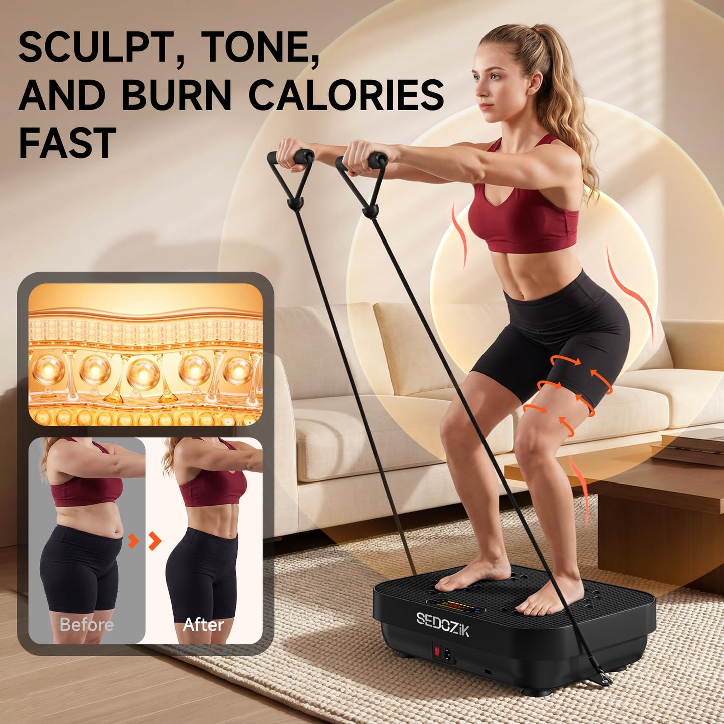 SEDOZIK Vibration Plate Exercise Machine, Vibration Plate for Lymphatic Drainage Weight Loss, Vibrating Plate Workout Equipment with Resistance Bands Bluetooth for Home Women Men, Black