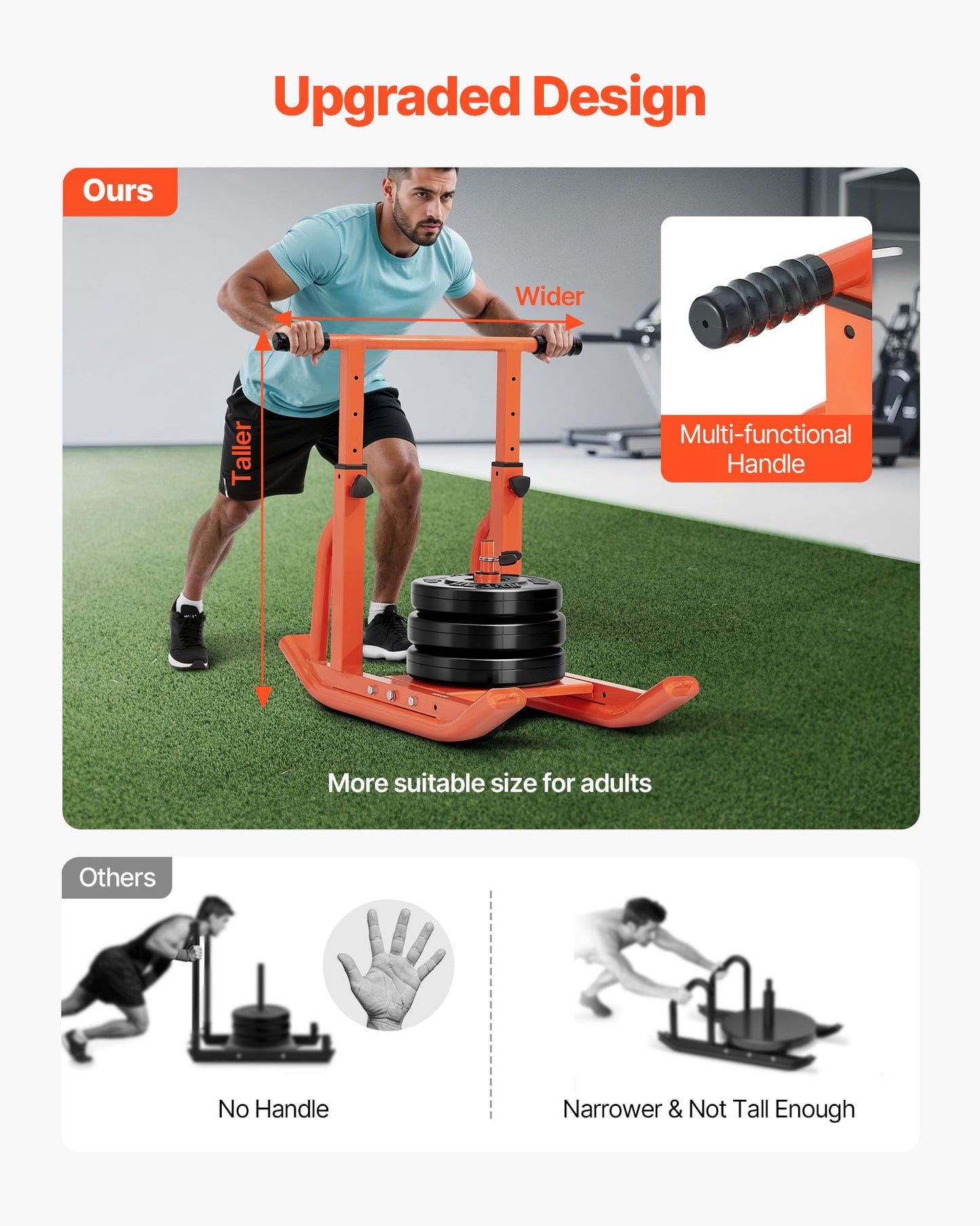 VEVOR Weight Sled, Fitness Training Pull Push Running Sled, Fitness Workout Sled Push Gym Equipment, Adjustable Height Handle, Compatible 1/2 in Weight Plates, Orange, Football Sleds and Chutes