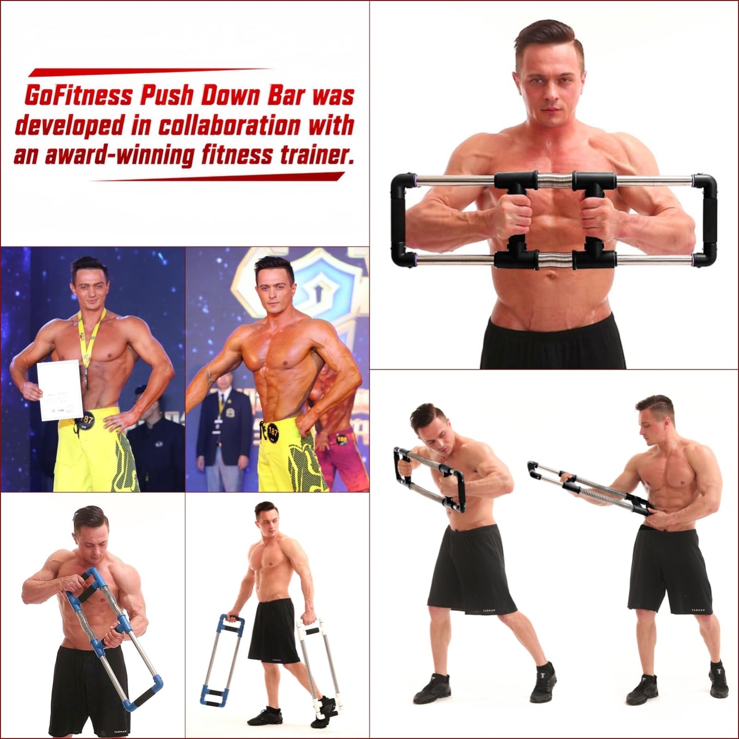 GOFITNESS Push Down Bar Chest Trainer - Home Workout Equipment for Chest, Arm, Shoulder, Abs and Back - Chest Exerciser Home Gym Strength Trainer