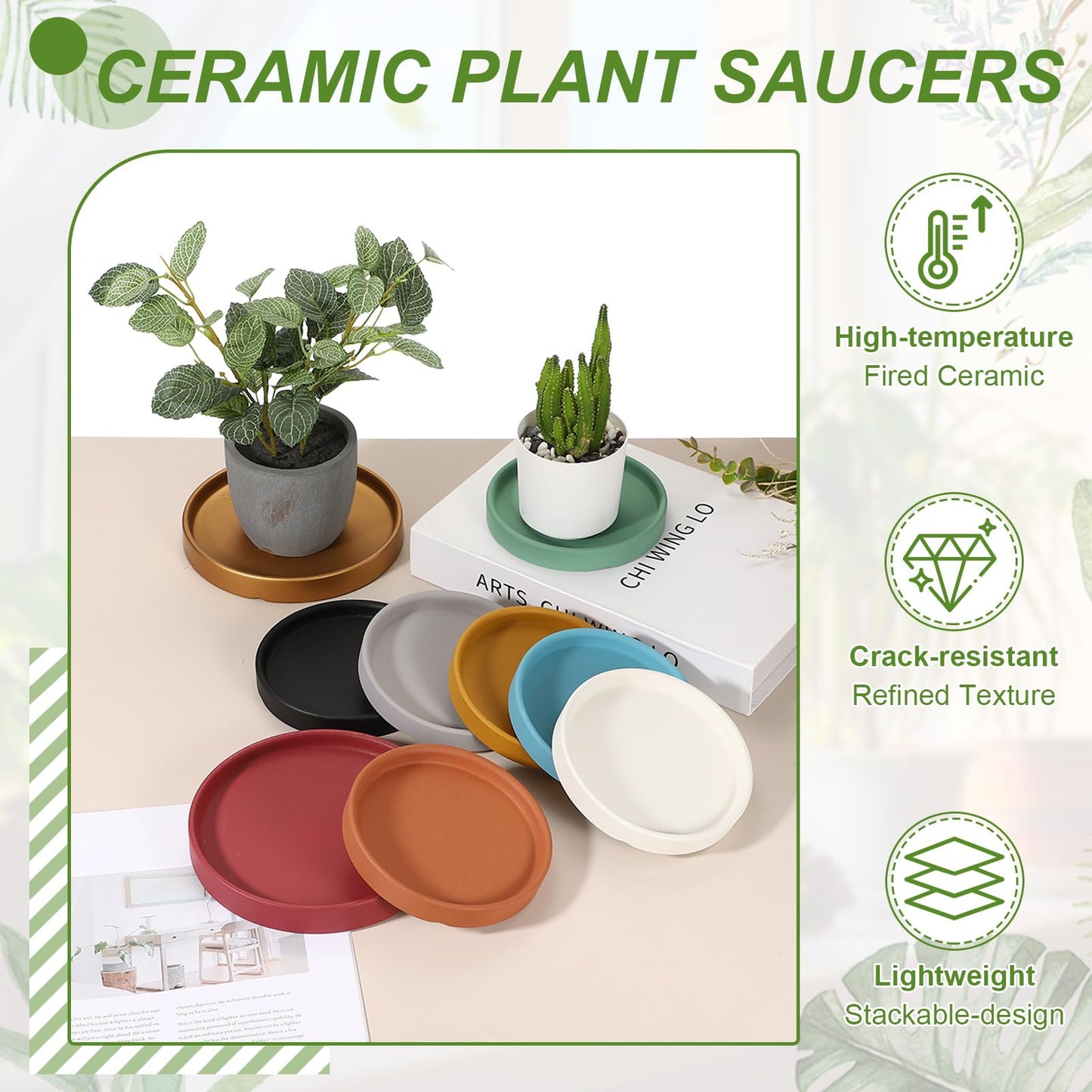 YELARXI 6.7 Inch Ceramic Plant Saucers, Round Flower Planter Water Trays Ceramic Plant Saucer Pot Tray -Fitting for (Outdoor/Indoors/Garden/Planting/Water/Flower/Coffee) Gold