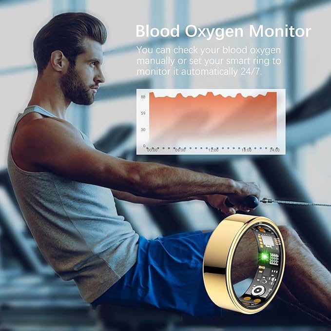Ring Health Tracker for Women Men, Fit Ring with Heart Rate, Blood Oxygen, Sleep Monitor, Calories, Step Counter, IP68 Waterproof Smart Ring for iPhone & Android, No Subscription Fee (Gold, 6#)