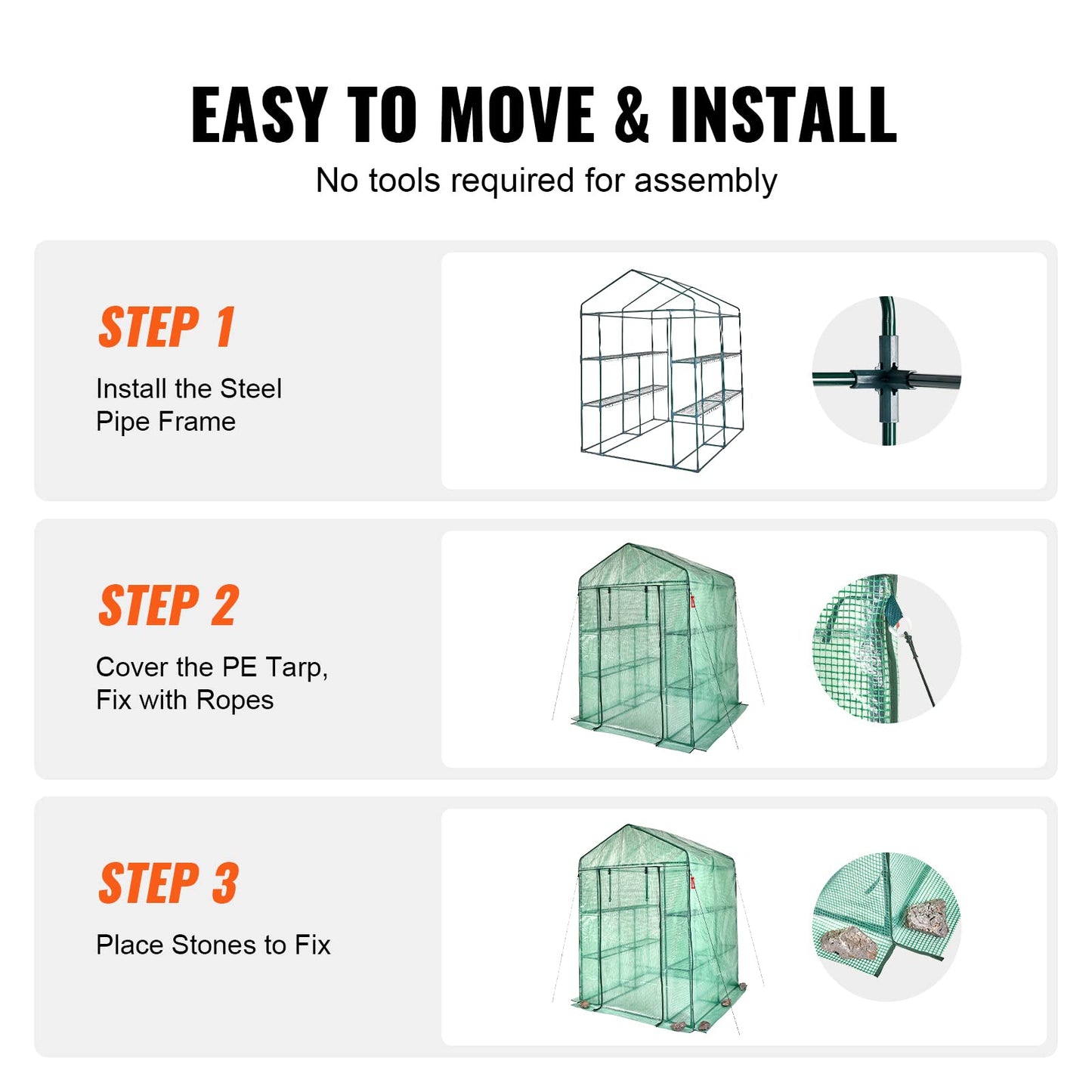 VEVOR Walk-in Green House, 55.5 x 55.5 x 78.7 inch, Portable Greenhouse with Shelves, High Strength PE Cover with Roll-up Zipper Door and Steel Frame, Set Up in Minutes, for Planting and Storage
