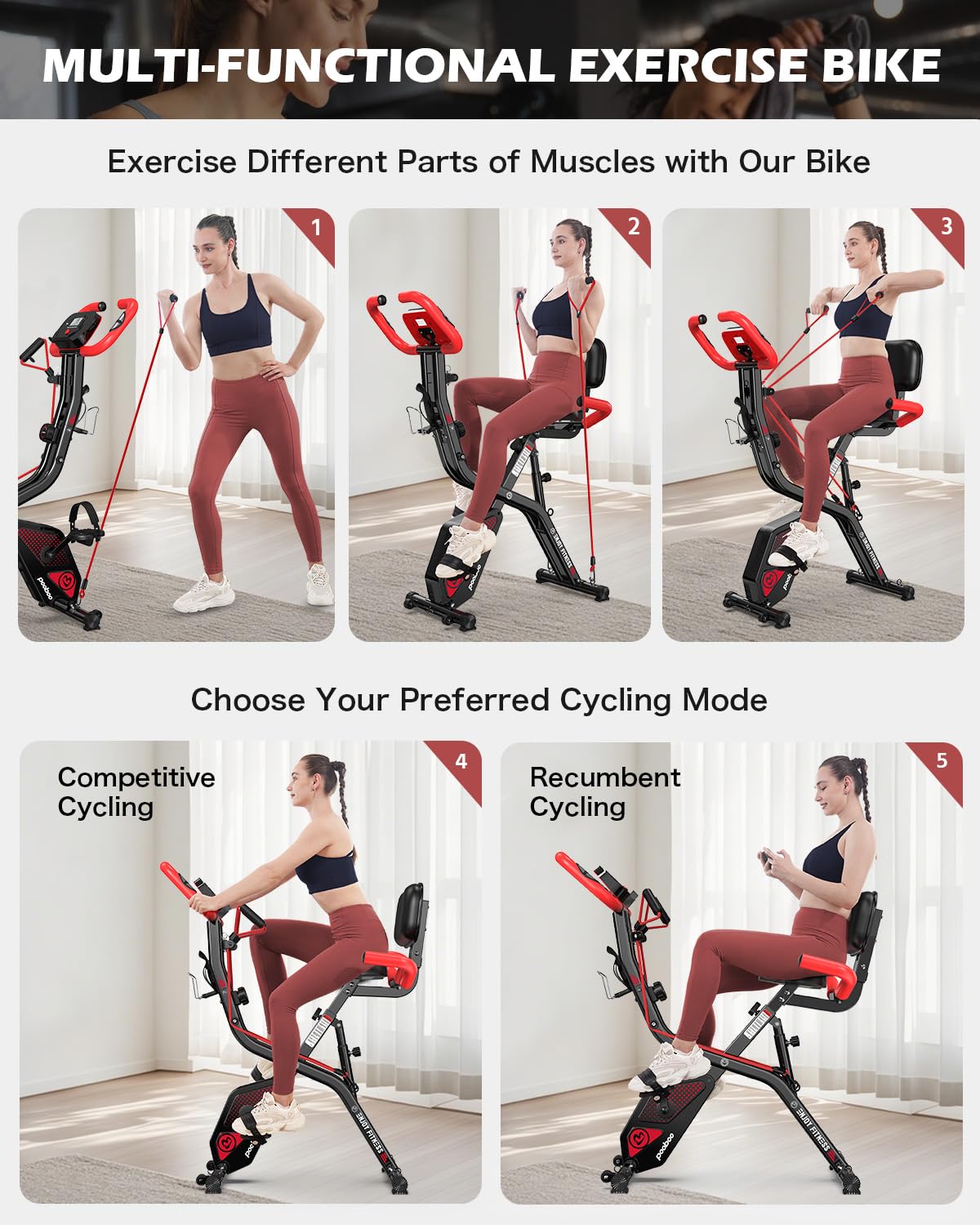 pooboo Folding Exercise Bike - 4-in-1 Magnetic X-Bike, Foldable Upright Indoor Cycling Stationary Bike with 8-Level Resistance, Pulse Sensor, Arm Resistance Bands, Back Support Cushion & Bottle Holder - Home Gym Workout Equipment