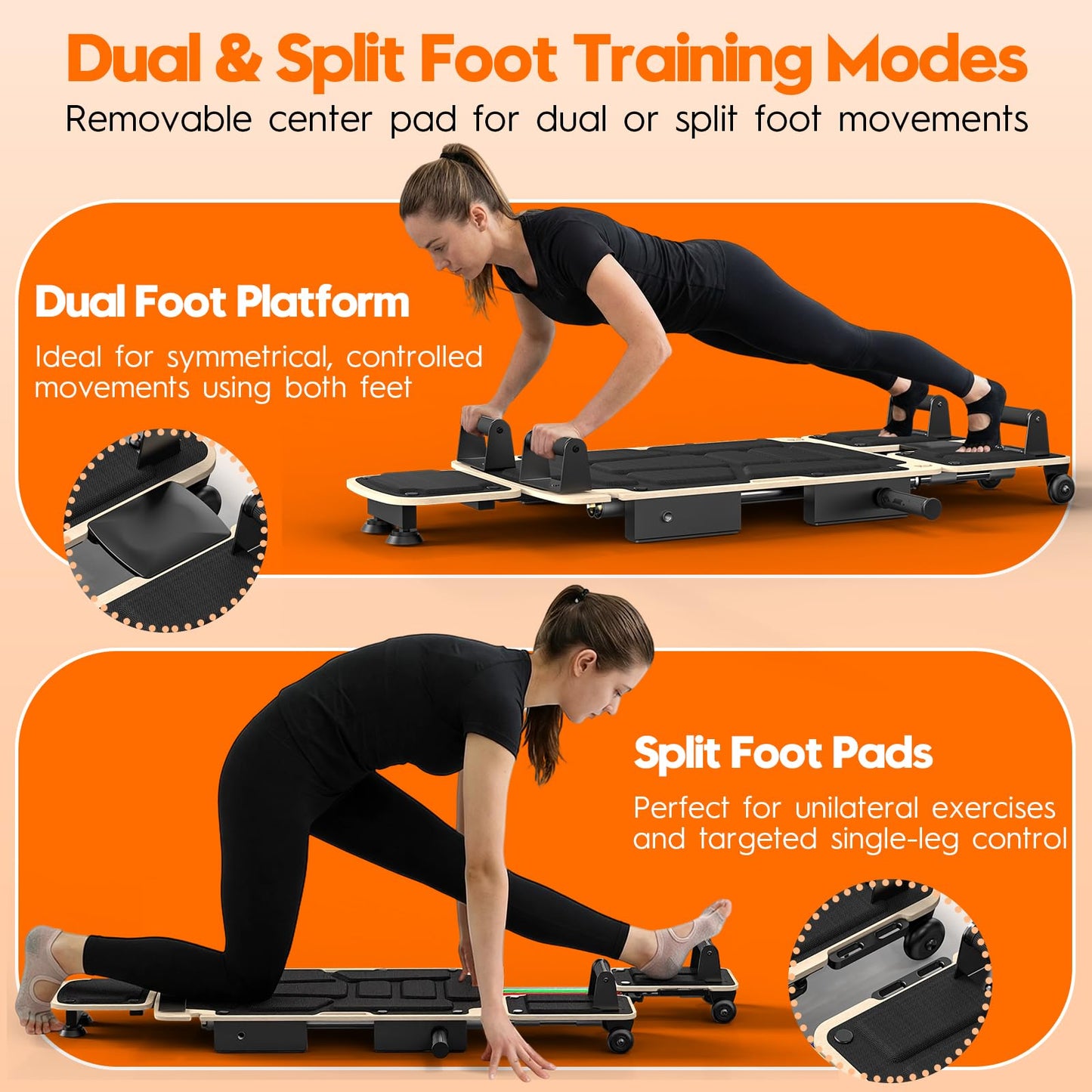 RevFit Pilates Board Reformer for Home Workout, 5-in-1 Pilates Equipment with Dual & Split Foot Pads, Smooth Sliding Rail System, Adjustable Headrest for Heights 3'7"–6'3", Core & Full-Body Training