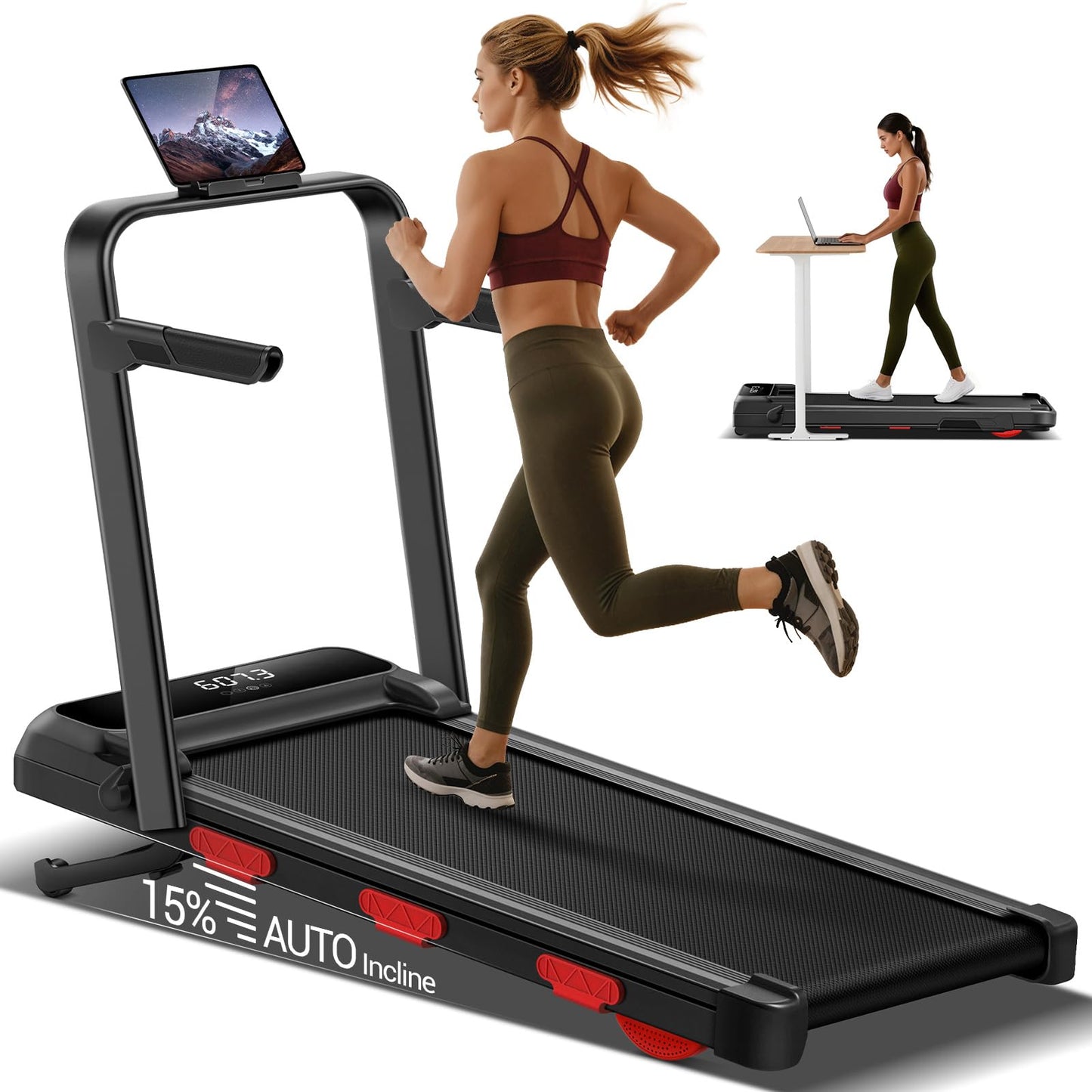 15% Auto Incline Walking Pad Treadmill with 12-Level, Under Desk Treadmill with Handles, Portable Treadmills for Home Small, 43‌″ High Armrests