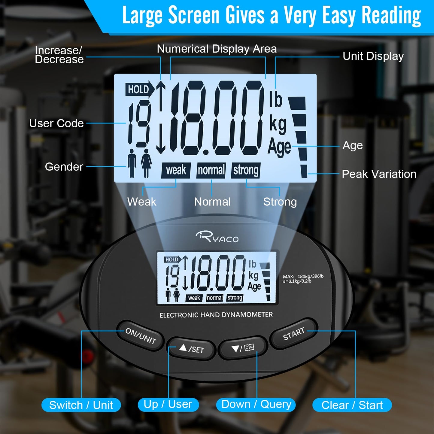 Ryaco Grip Strength Tester With Adjustable Hand Gripper, 396lbs/180kg Digital Hand Dynamometer Grip Strength Trainer Set Electronic Hand Grip Strengthener with LCD Display for Rehab Fitness Home Use