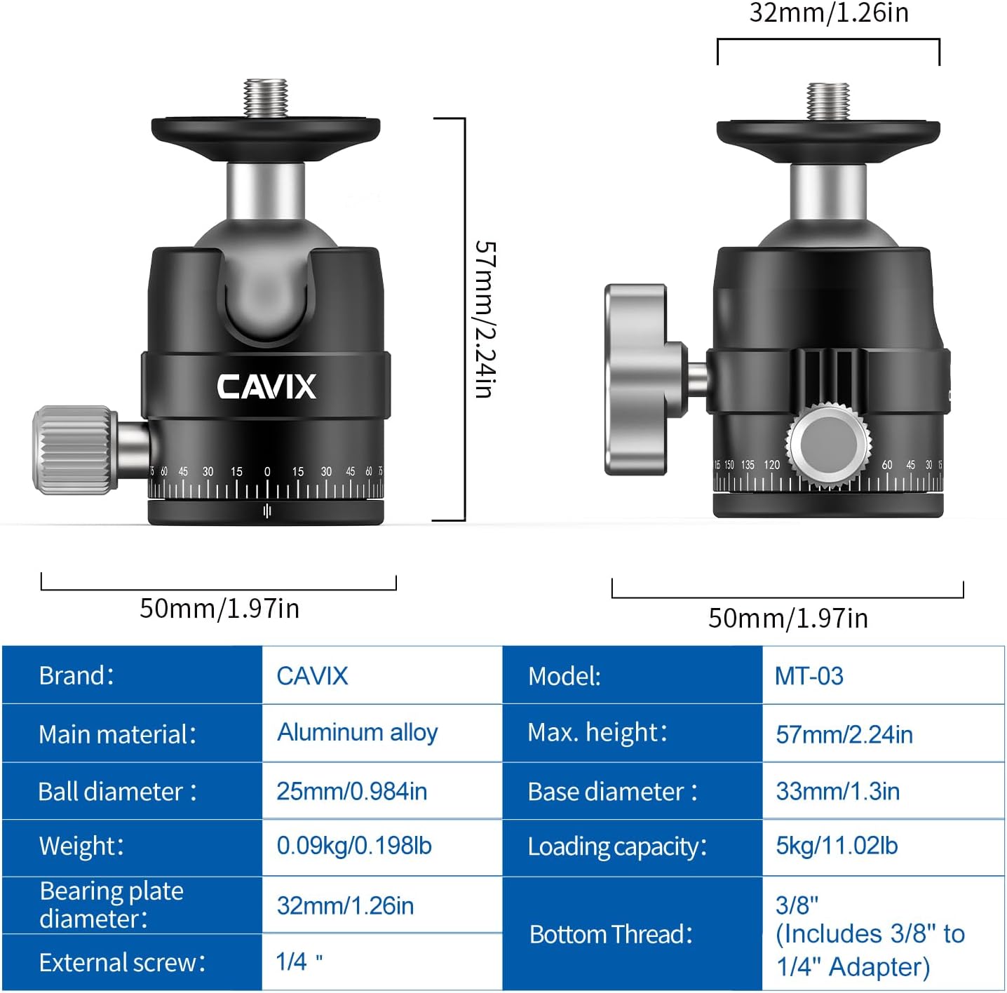CAVIX MT-03 11 lbs/5 Camera Panoramic Tripod Head Small Ball Head with Arca Swiss Quick Release Plate Bubble Level Load