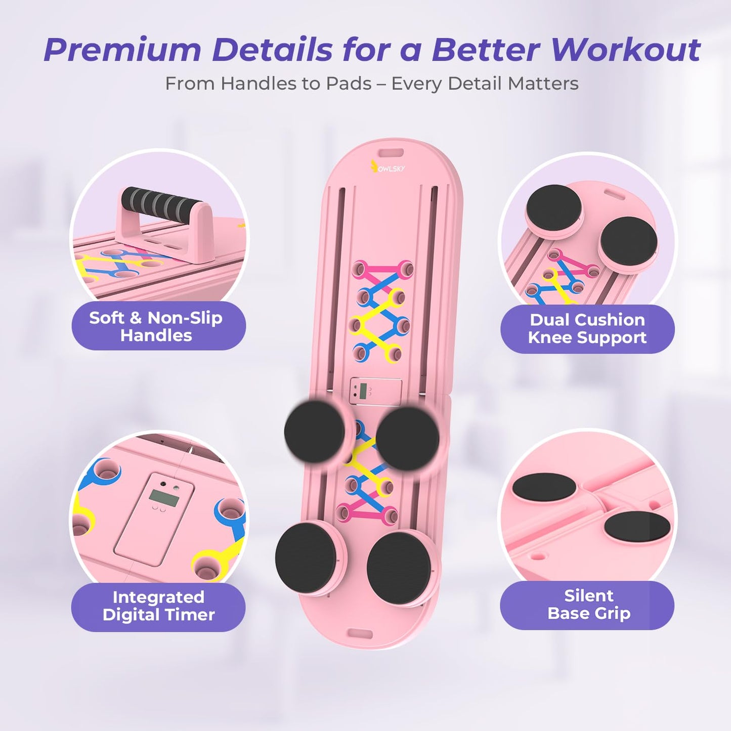 Pilates Reformer Board – 5-in-1 Foldable Pilates Machine for Home Workout, Portable Fitness Board with Resistance Bands, Full Body Training for Women (Light Pink)