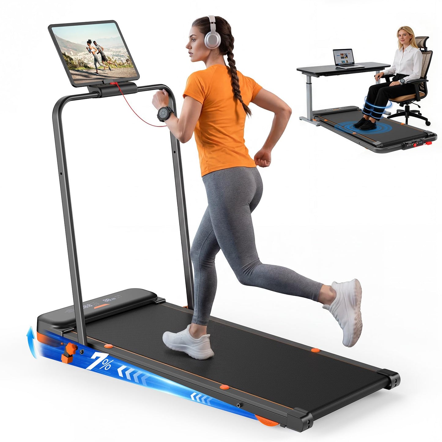JAGJOG 4 in 1 Walking Pad with Incline, Vibration Plate with Handle Bar, Under Desk Treadmill for Home Small Spaces, Foldable Treadmill with Wristband Remote, LED Display & App（Black）