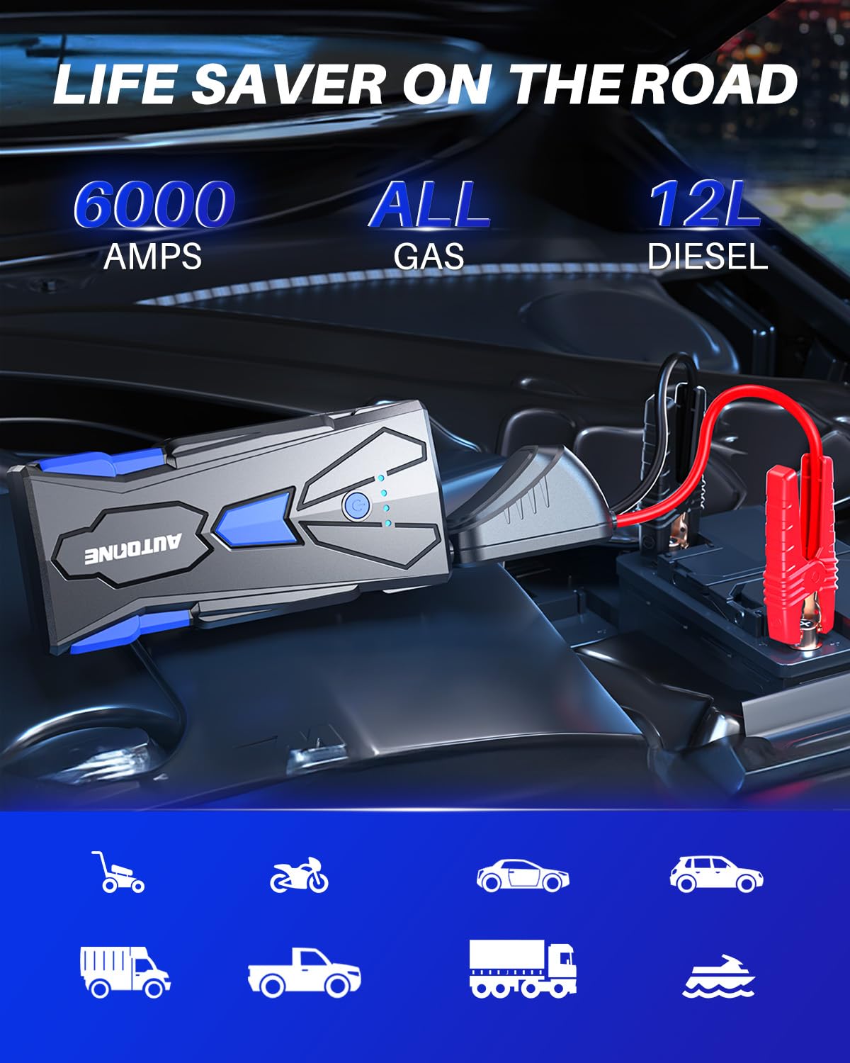AUTOONE 6000A Car Battery Jump Starter Up to All Gas & 12L Diesel Engine, Car Battery Jumper Starter Portable 12V Jump Box with USB Output, Storage Case, LED Flashlight