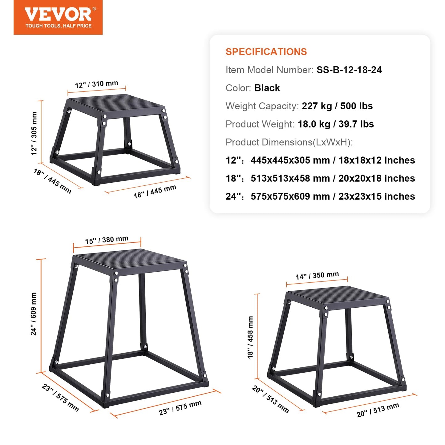 VEVOR Plyometric Platform Box, 12/18/24 Inch Plyometric Jump Box, Fitness Steel Plyo Box for Home Gym Jump Training, Crossfit, Conditioning, Strength Training, Black