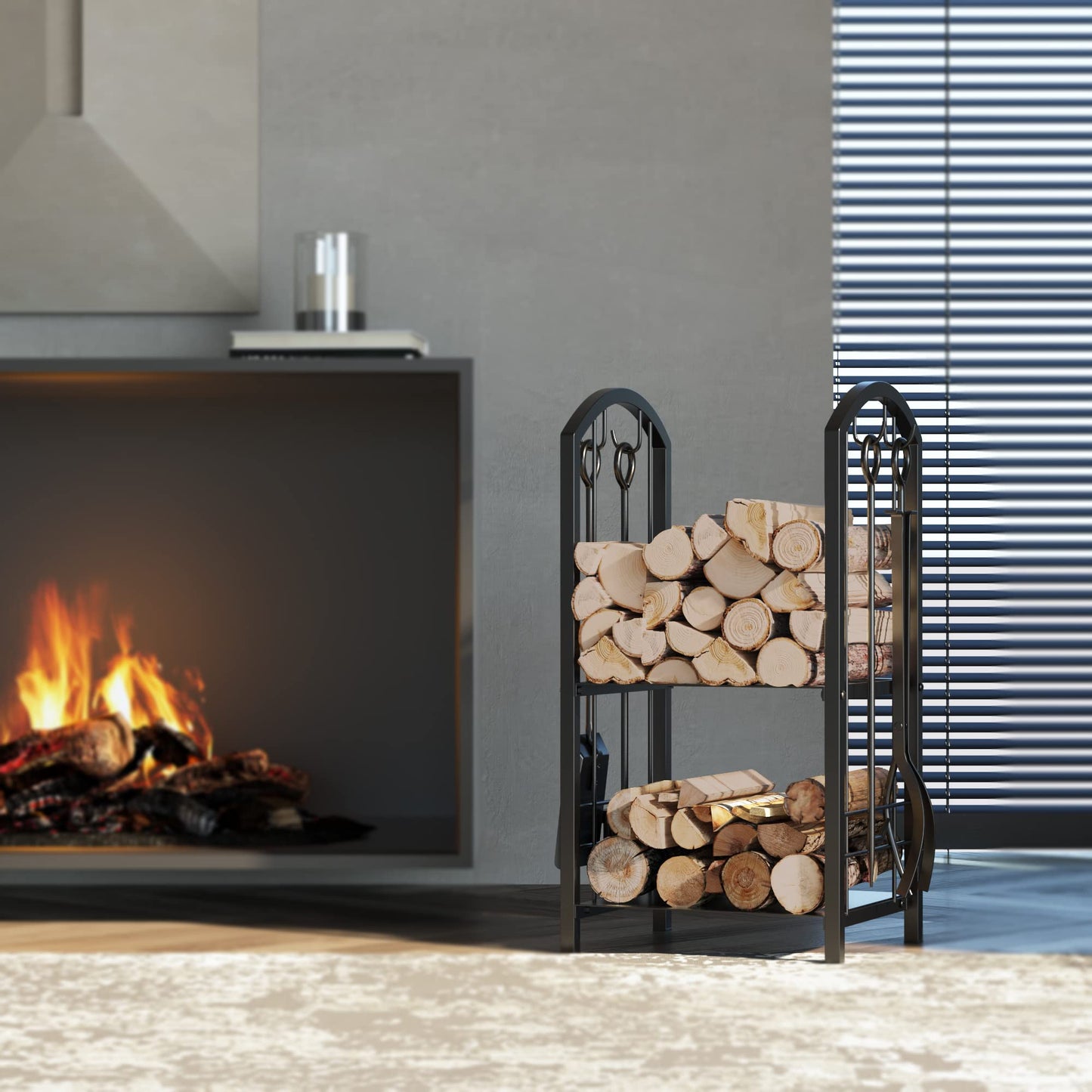 Fire Beauty Fireplace Firewood Log Rack 5-Piece Storage Logs Holder with Tools Set with 4 Tools Set Fireside Holders Wood Lumber Storage Stacking Black
