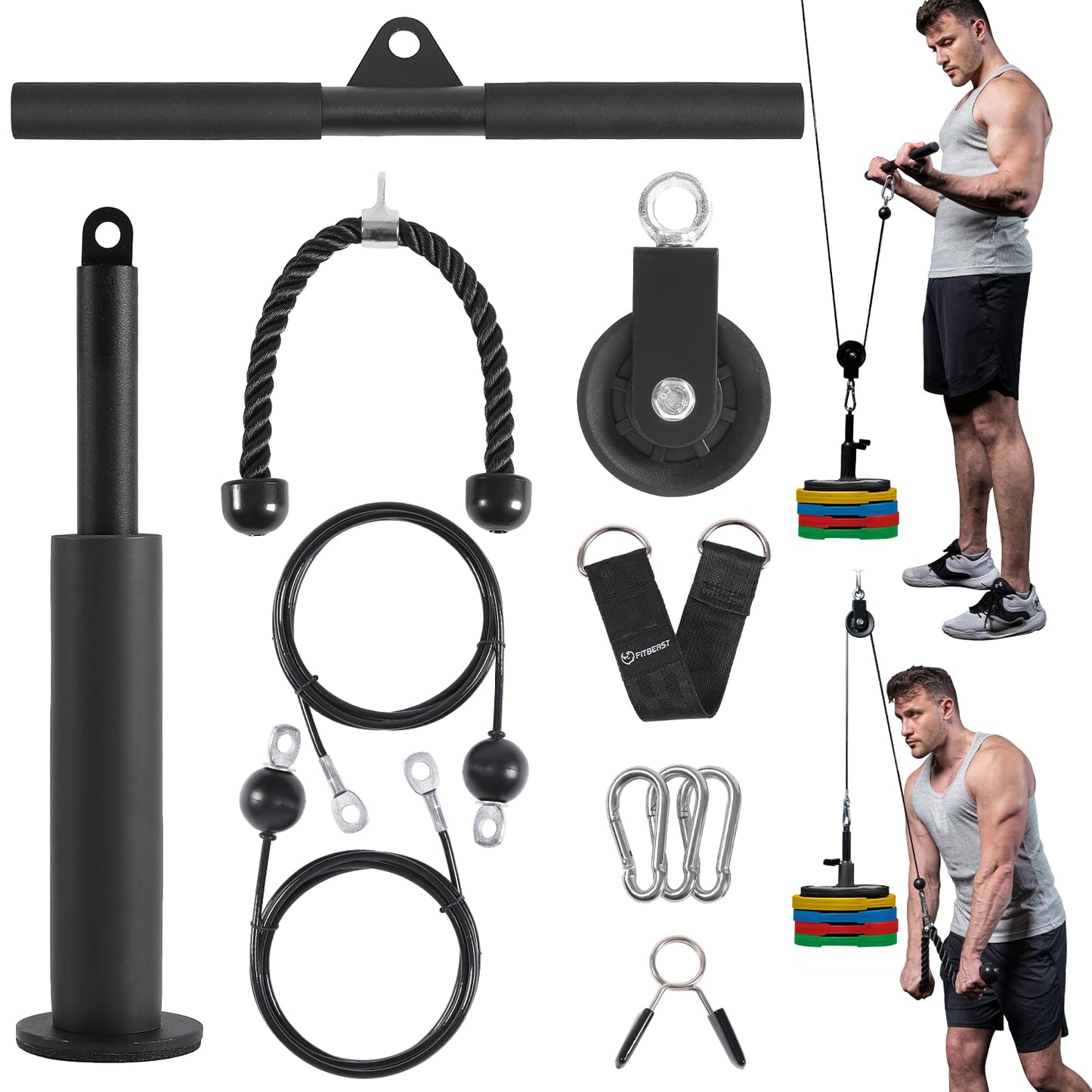FitBeast Pulley System Gym, Cable Weight Pulley System for Gym LAT Pulldown, Biceps Curl Workout, Ideal Home Gym Equipment for Forearm, Shoulder, Strength Training (Set with Non Multifunctional Bar)