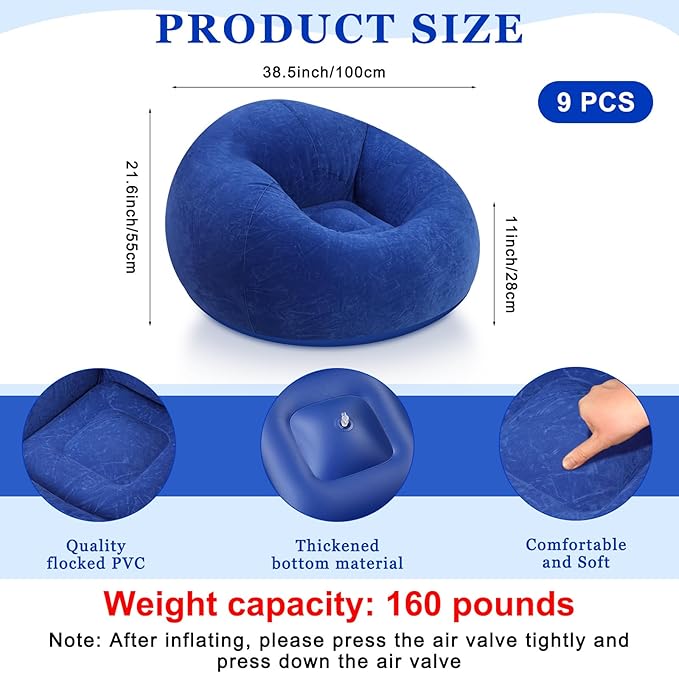 Realspring 9 Pcs Bean Bag Chairs for Adults Inflatable Chairs with Electric Air Pump,Blow up Couch Folding Portable Inflatable Couch Lazy Sofa for Reading Living Room Camping (Dark Blue)