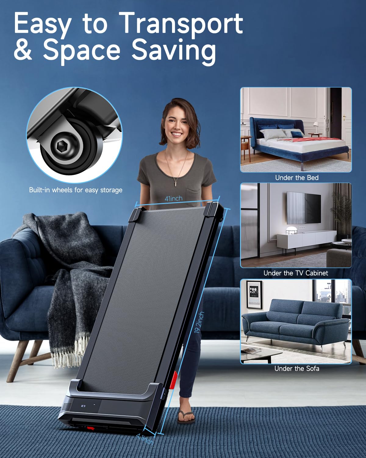 Walking Pad Treadmill Under Desk - Portable Walk Pads for Home Office Small Spaces Mini Compact Running Machine Mat Slim Lightweight Caminadora Eléctrica para Casa with Remote Control LED Display