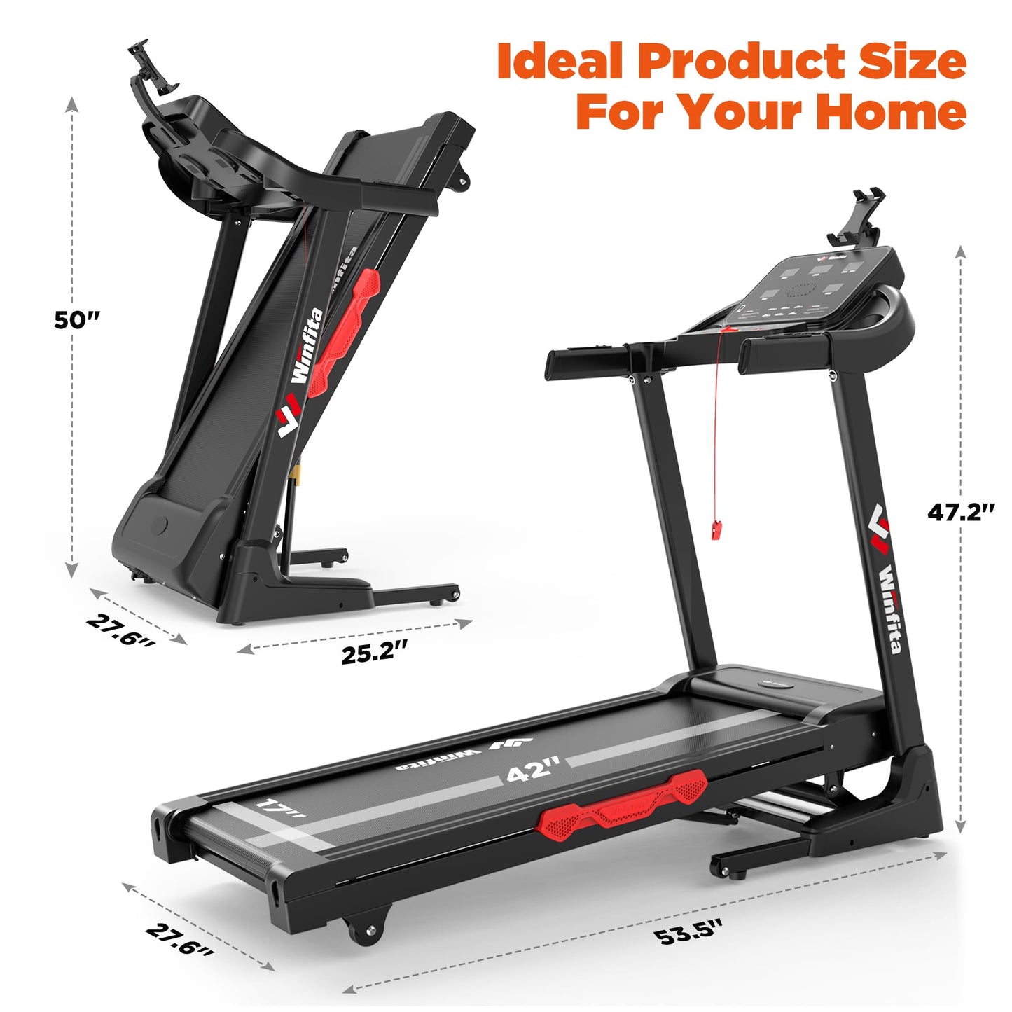 Winfita 3.5HP Incline Treadmill for Home, 300 lbs Weight Capacity Folding Treadmill with 0-12% Auto Incline, 14'' Large Display Running Machine with 8 MPH Speed, Wide Belt, App, Heart Rate