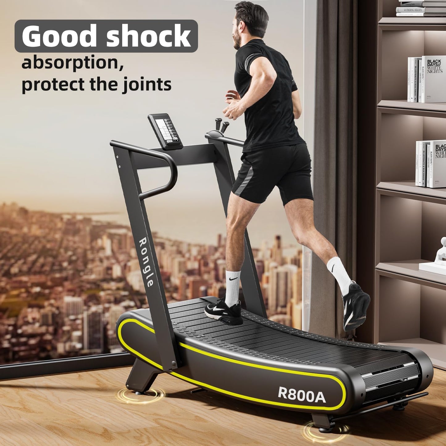 Rongle Curved Treadmill, Non-Powered Folding Treadmill, Adjustable Custom Resistance, Equipped with LCD Display, Suitable for Commercial and Home Use, 350 lbs Weight Capacity