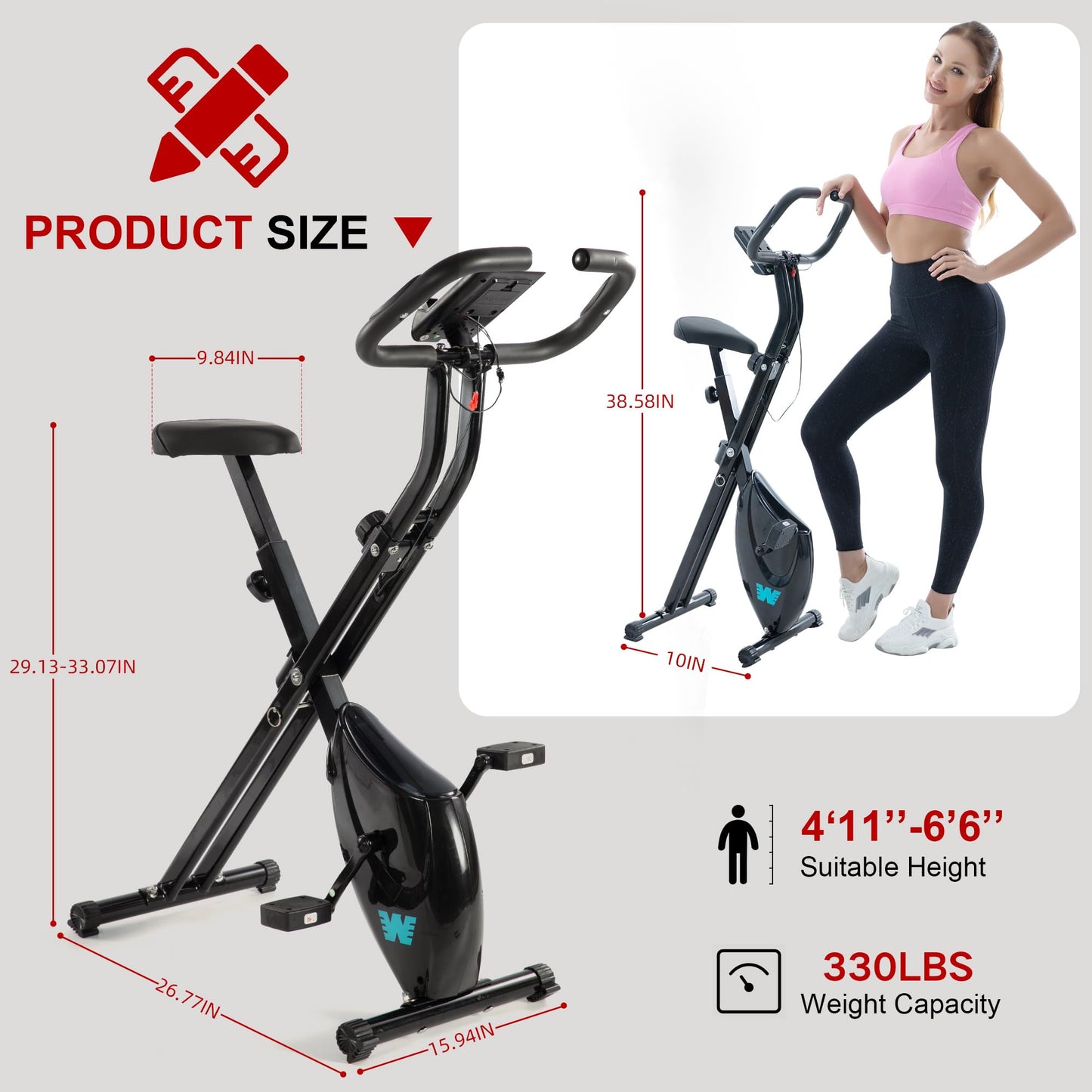 BARWING Folding Exercise Bike Stationary Bikes for Home，3 in 1Exercise Bikes for Seniors, Indoor Workout Bike Cycling Bike with 16-Level Adjustable Resistance,330LB Capacity(Black)