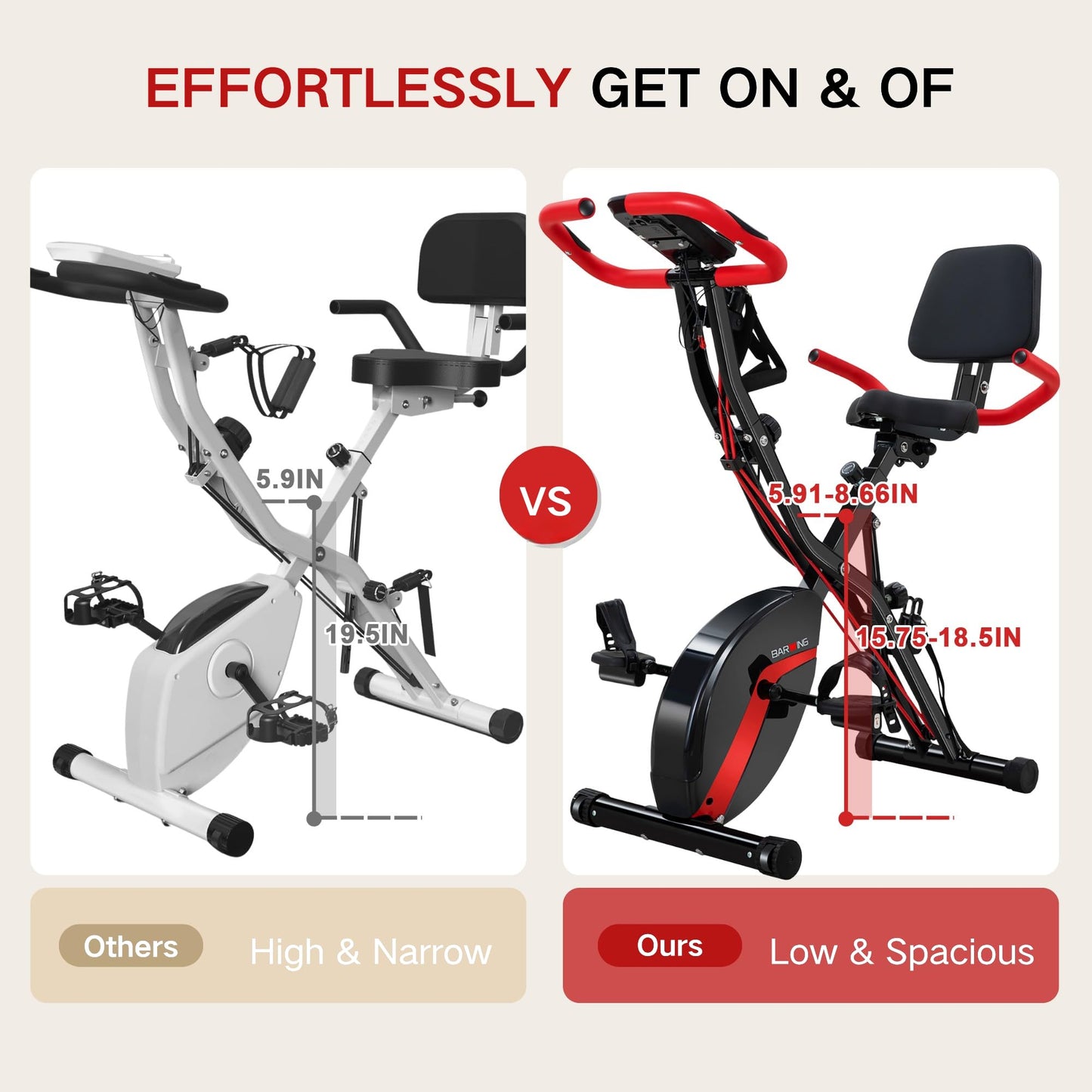 BARWING Stationary Exercise Bike for Home Workout, 5 IN 1 Foldable Indoor Cycling Bike for Seniors, 350LB Capacity, 16-Level Magnetic Resistance, Comfortable Seat Backrest