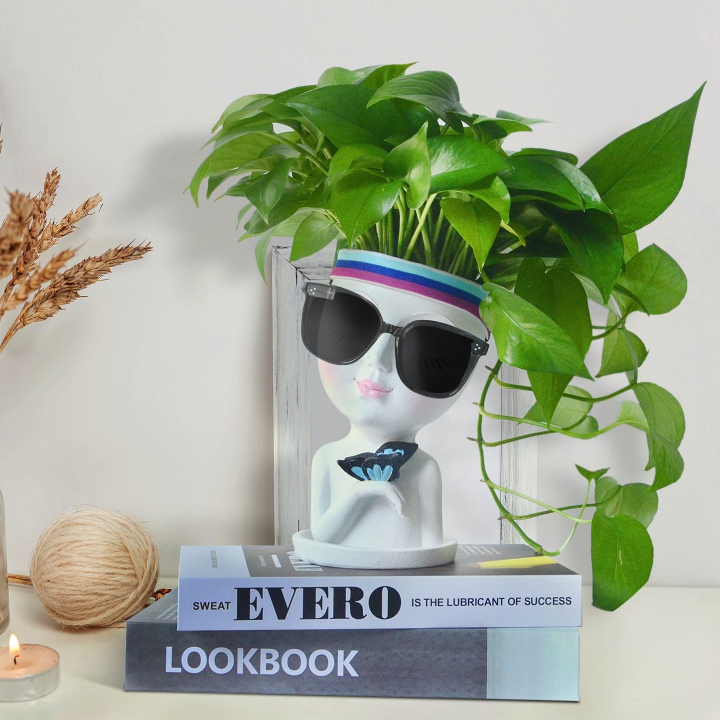 WEWEOW Face Planter/Flower Pot for Indoor Outdoor Plants Resin Succulent Planter with Drainage Hole Cute Lady Face Plant Pots