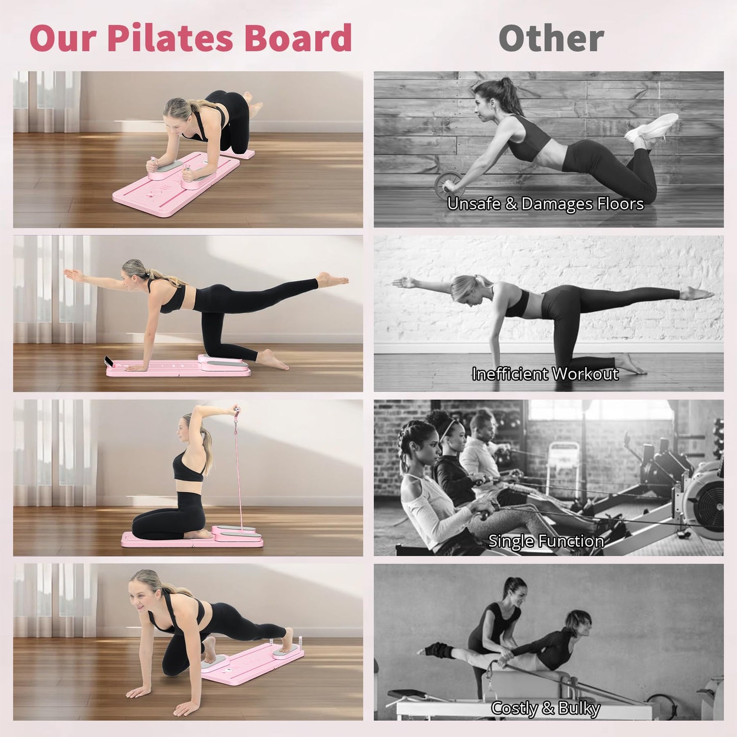 VigorEdge Pilates Board - Pilates Reformer Set, Multi-Purpose Foldable Pilates Reformer Board for Home,11 in 1 Pilates Equipment (Pink)