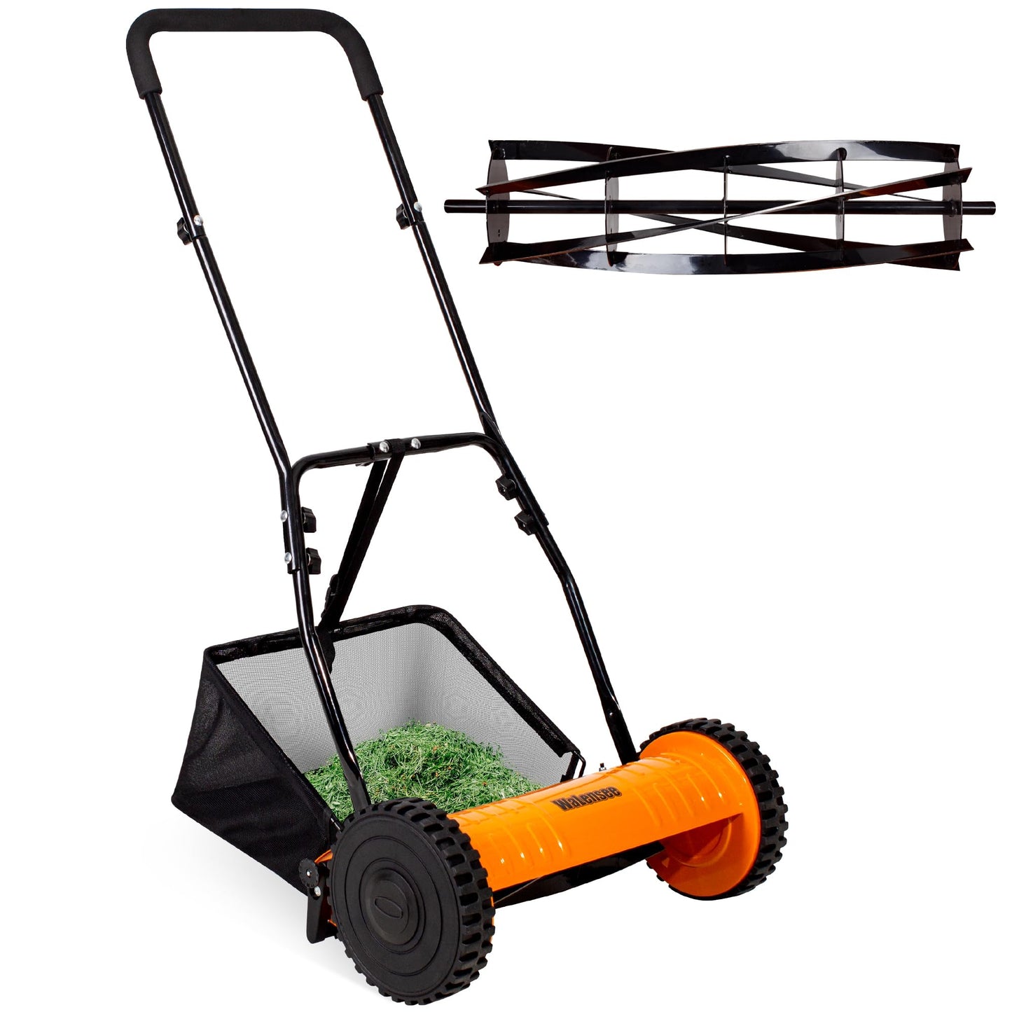 Walensee 16-Inch 5-Blade Push Reel Lawn Mower, Cordless Manual Reel Lawn Mower Walk-Behind Steel Lawn Mowers with Removable 7.9-Gallon Grass Catcher, Sponge Grip, 4-Position Cutting Height Adjustment