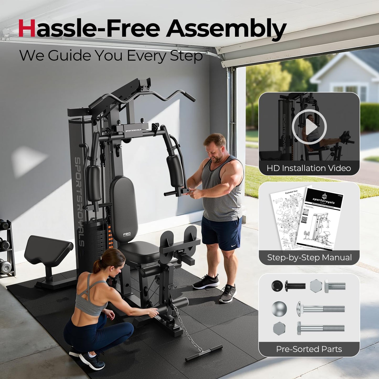 Sportsroyals Home Gym, Multifunctional Gym Equipment, Workout Equipment with 154LBS Weight Stack, for Leg Press, LAT Pull Down, Chest Presses
