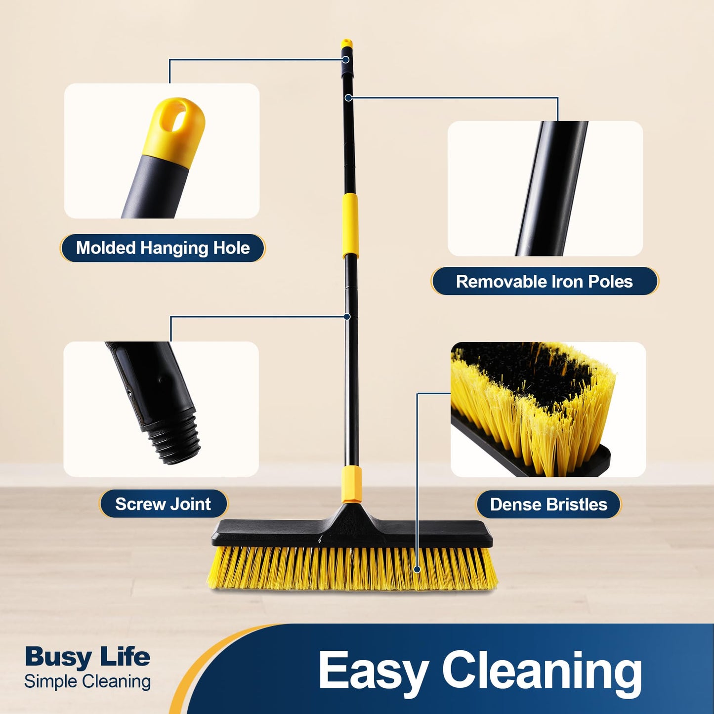 Yocada 18 Inch Push Broom Heavy-Duty Outdoor Commercial Broom Brush Stiff Bristles for Cleaning Patio Garage Deck Concrete Wood Stone Tile Floor 65.3 inch Long