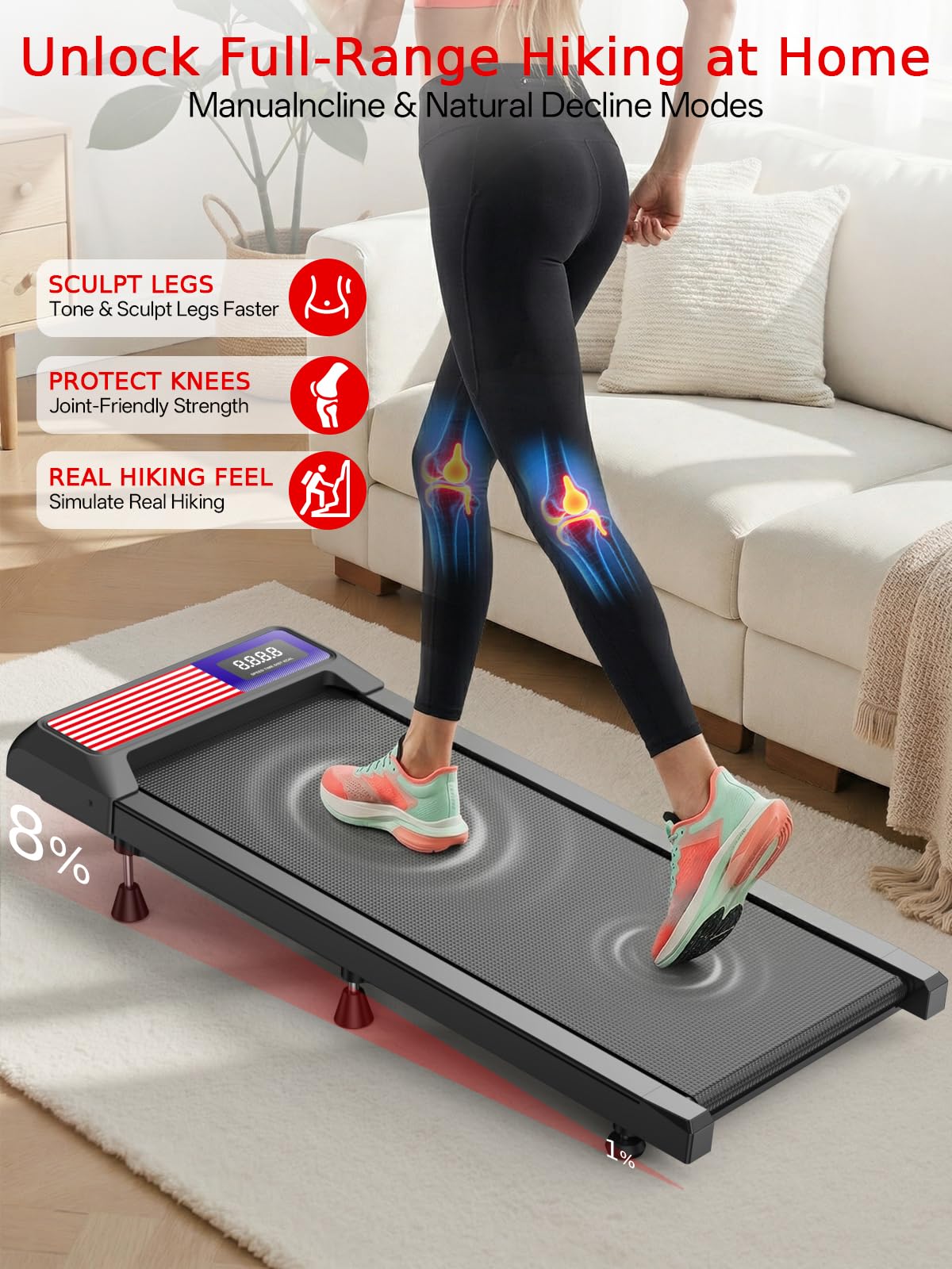 Walking Treadmill Pad with 8% Incline for Home, Under Desk Treadmill for Home Office, 2.5HP Quiet Portable Walking Mat, 265 lbs Capacity, Compact Treadmill for Small Spaces with 15" x 35.4" Belt