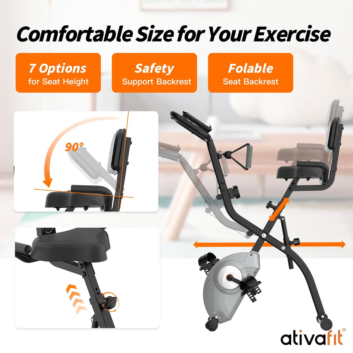 ATIVAFIT 3-in-1 Foldable Exercise Bike for Home, Upright & Recumbent Indoor Bike with 8-Level Magnetic Resistance, Resistance Bands, Quiet Cardio, Adjustable Seat