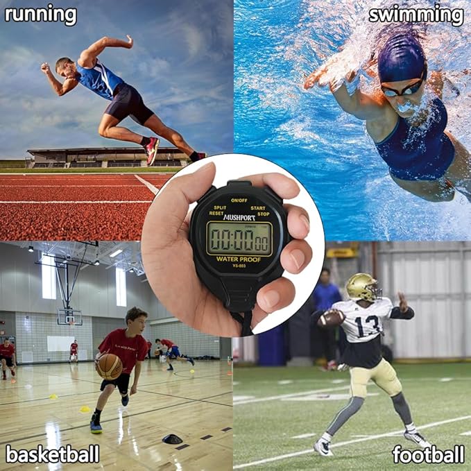 Waterproof Stopwatch Timer Only Stopwatch Mode, ON/Off Silent Simple Operation, Without Clock Date Countdown, Digital Swimming Stop Watch for Sports, Black