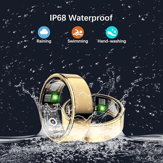 Health Tracker Ring, Smart Health Ring for Women Men with Heart Rate, Blood Oxygen, Sleep Monitor, Steps,Calories, No Subscription Fee, IP68 Waterproof Smart Ring for iPhone & Android (Gold, 6#)