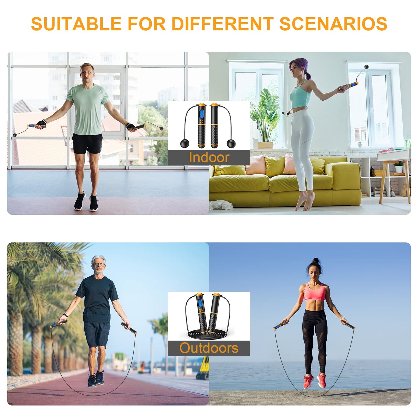Smart Jump Rope, Multifun Speed Skipping Rope with Weight/Lap/Time/Calorie Counter Adjustable Digital Counting Jump Ropes for Home Gym, Cordless Jumping Rope for Men Women Kids