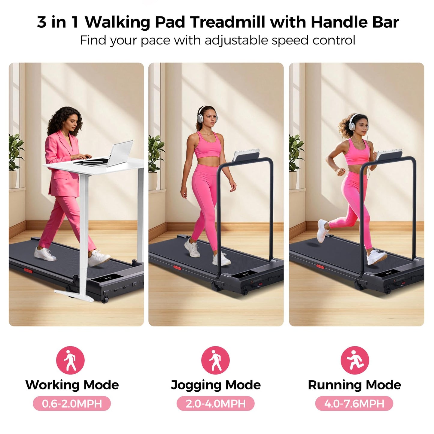 Portable Walking Pad Treadmills for Home Small, Electric Mini Walking Treadmill for Exercising, 3.0HP Compact Walking Pad Treadmill with Handle Bar, 0.6-7.6MPH, 350LB Capacity