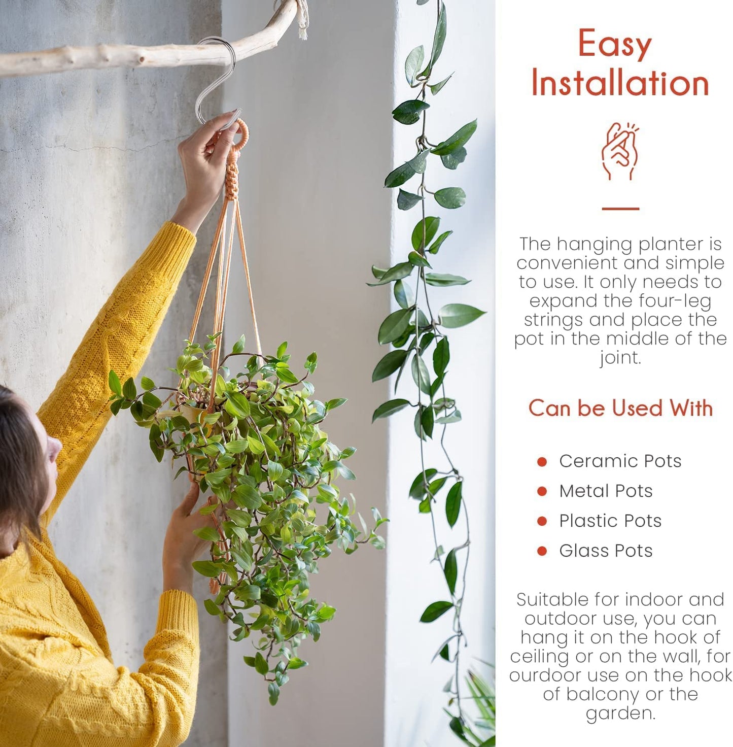 feedee Macrame Plant Hangers - 6 Pack, Brown, Indoor/Outdoor, 11.9 lbs Capacity, Ready to Hang