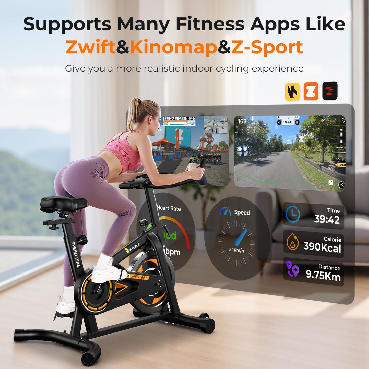 OWLSKY Exercise Bike with APP, Stationary Bike for Home, 300 lbs Capacity Quiet Indoor Cycling Bike Gym Cardio Workout, Adjustable Seat & Tablet Holder Friction-Black