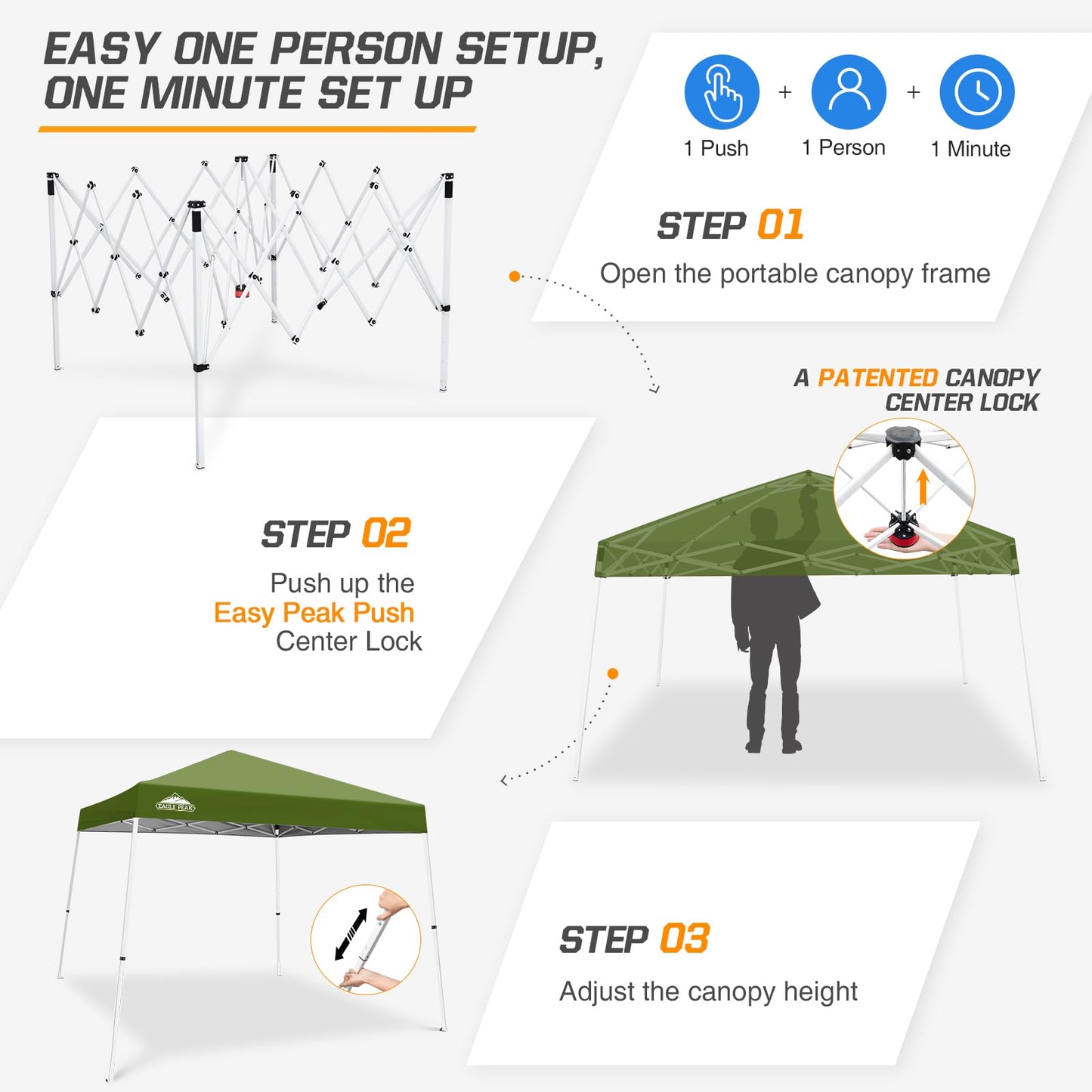 EAGLE PEAK 10x10 Slant Leg Pop-up Canopy Tent Easy One Person Setup Instant Outdoor Beach Canopy Folding Portable Sports Shelter 10x10 Base 8x8 Top (Grass Green)