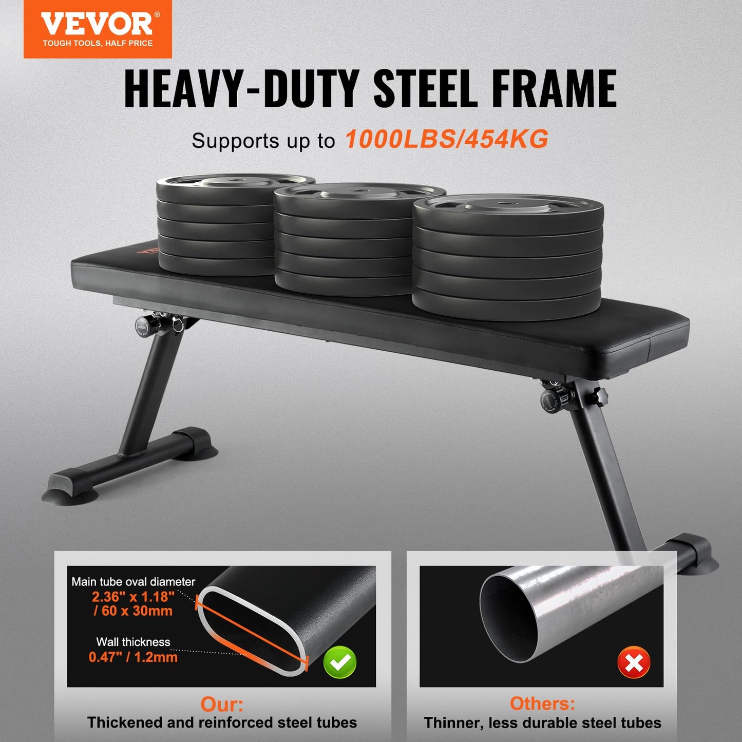 VEVOR Flat Weight Bench, Foldable Strength Training Bench, Utility Workout Bench for Full Body Workout, 1000 LBS Press Bench for Home Gym Exercise, for Multi-Purpose Weight Training and Ab Exercises