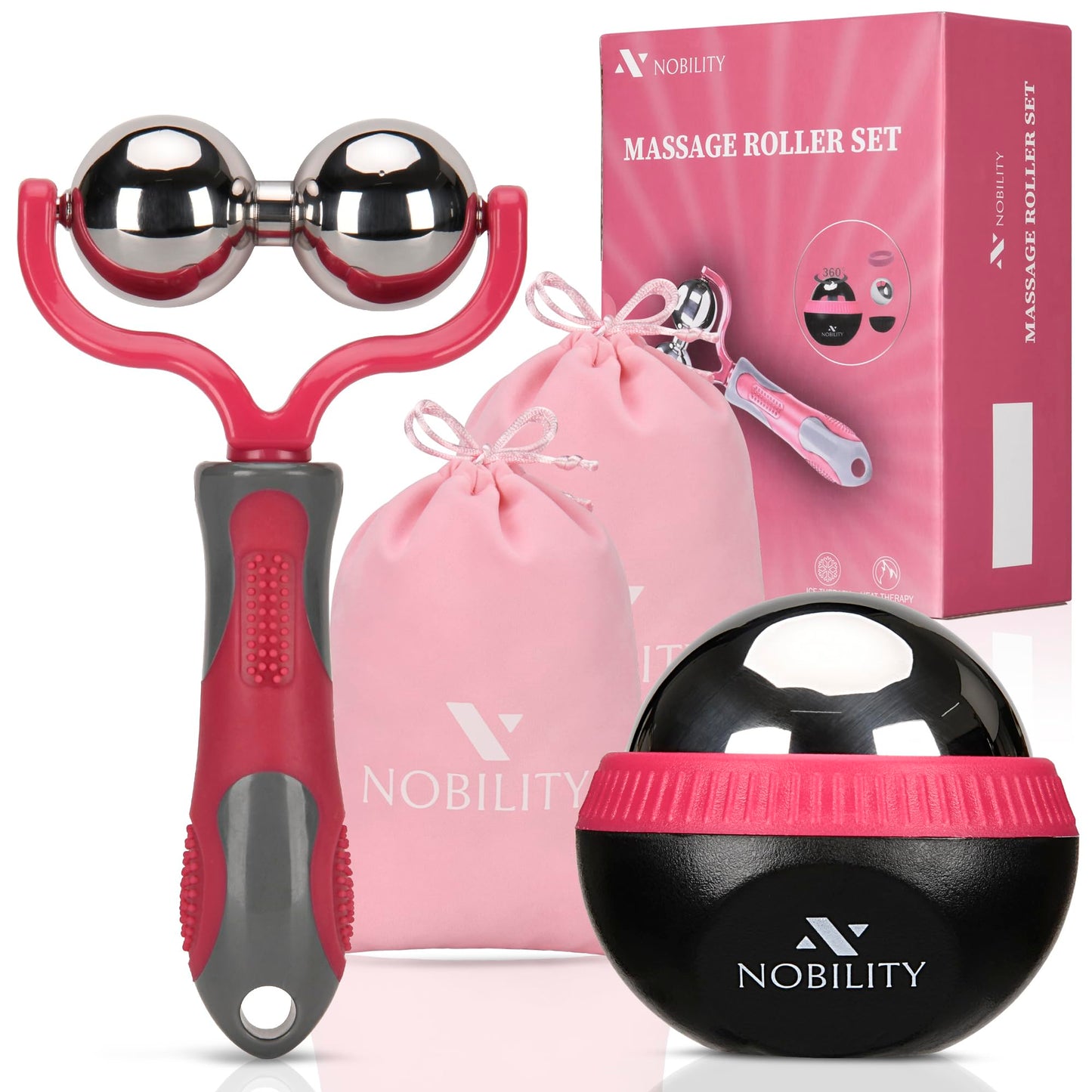 Nobility Massage Ball Roller– Ice Cold and Hot for Deep Tissue and Sore Muscle Relief of Stiffness and Stress, Body, Neck, Back, Foot, Plantar Double Pink