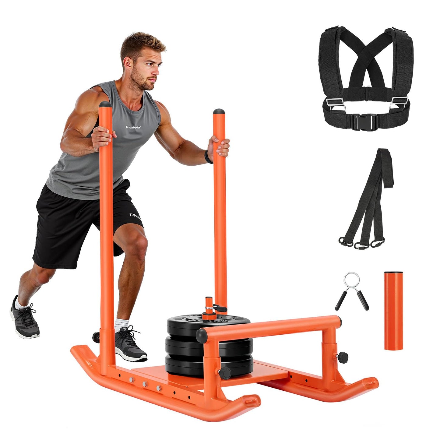 VEVOR Weight Sled, Fitness Strength Training Pull Push Running Sled, Fitness Workout Sled Push Gym Equipment, with Handle, Compatible 1/2 in Weight Plates, Orange, Football Sleds and Chutes