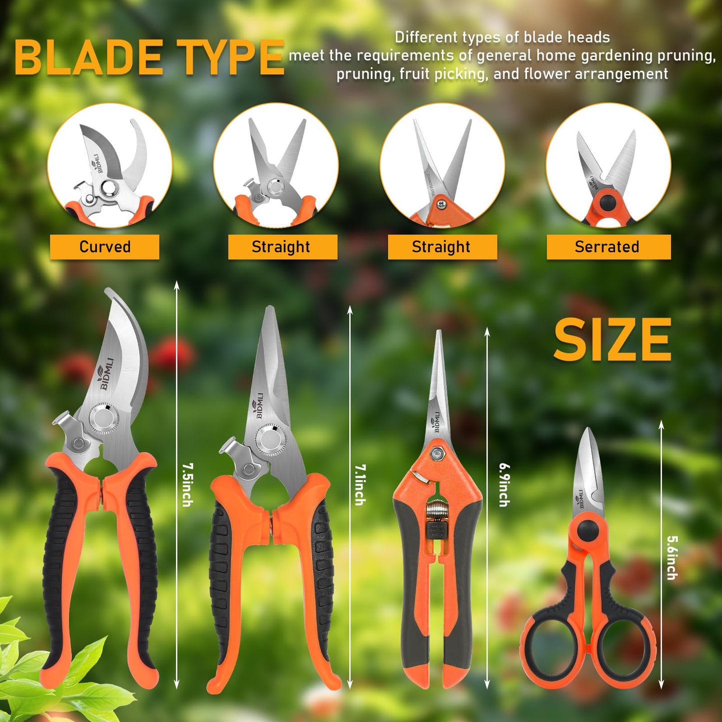 4-Pack Multifunctional Garden Scissors Set-BIDMLI Stainless Steel Pruning &Floral Shears with One-Piece Handle Blades for Tree Pruning, Flower Trimming, and Fruit Picking Tasks at Home&Garden Tool.