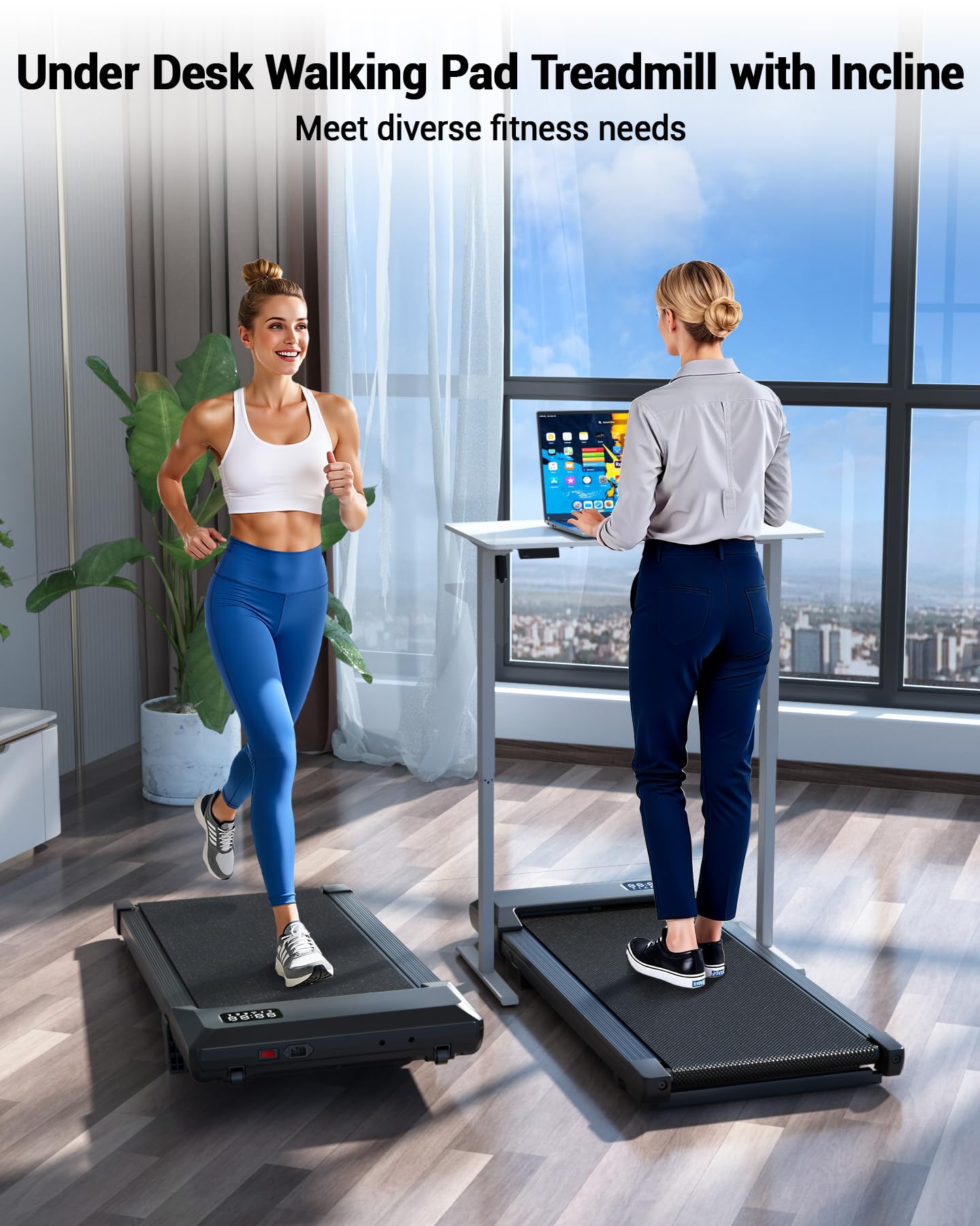 DeerRun Walking Pad Under Desk Treadmill with Incline, Quiet & Space-Saving Design for Home Office, 300 lbs Capacity, 0.6-3.8 MPH, App & Remote Control