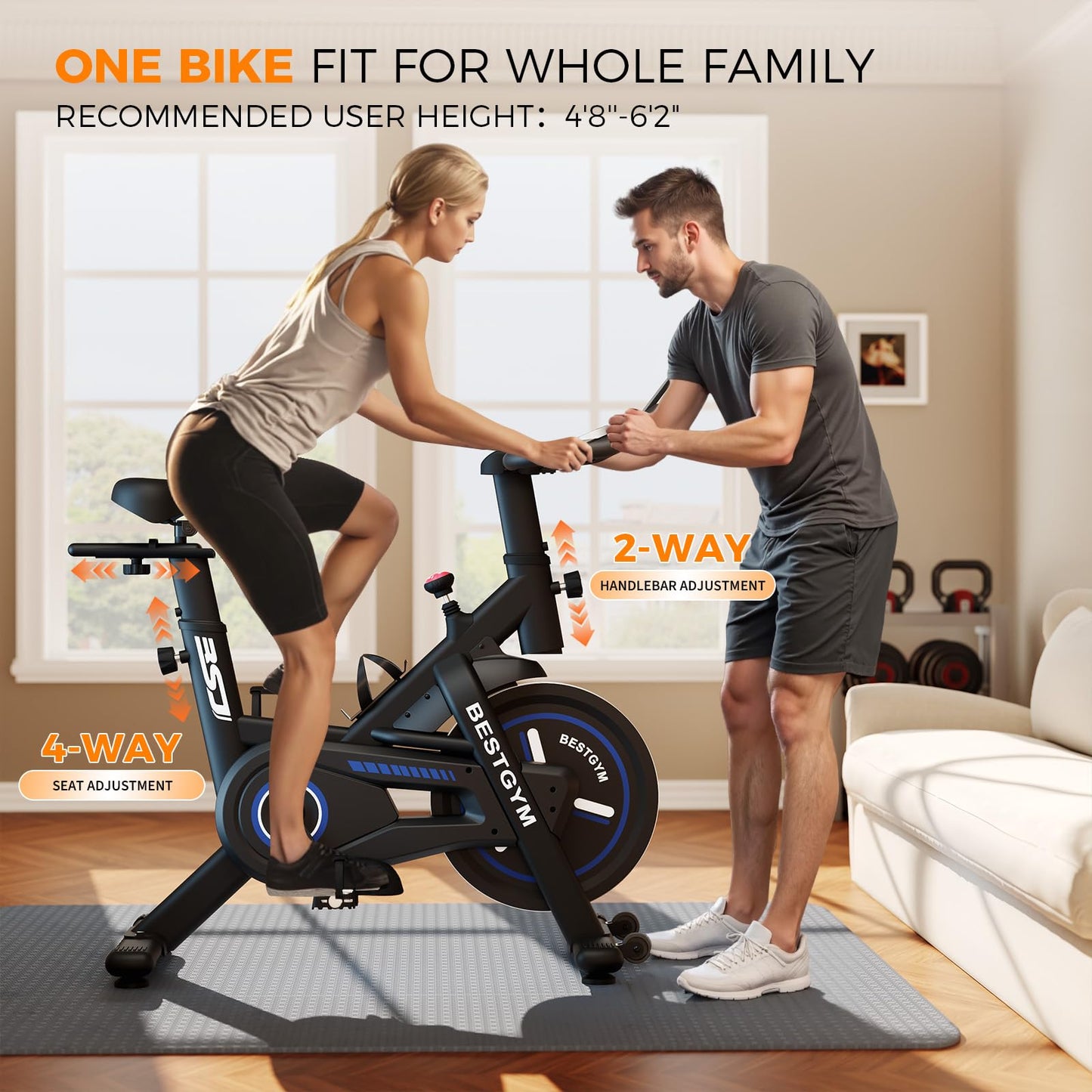 BSJ BESTGYM Exercise Bike, Brake Pad Stationary Bike with App, Low Noise Indoor Cycling Bike with 330lbs Weight Capacity, Adjustable Seat, Tablet Holder, Water Bottle Holder for Home Fitness and Weight Loss (Friction-Black)