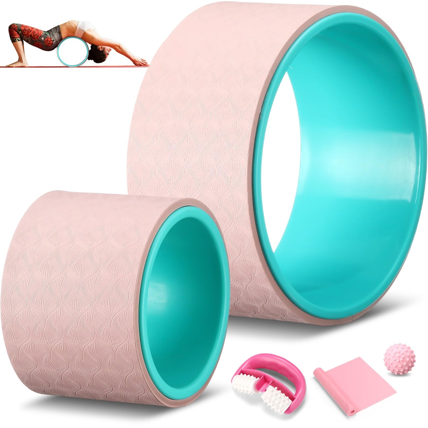 Arrowbash 5 Pack Yoga Wheel Set Back Stretcher Wheel for Deep Tissue Massage Foam Roller for Back Pain Relief & Stretching, Trigger Point Therapy Ball, Resistance Loop Exercise Bands, Massage Roller
