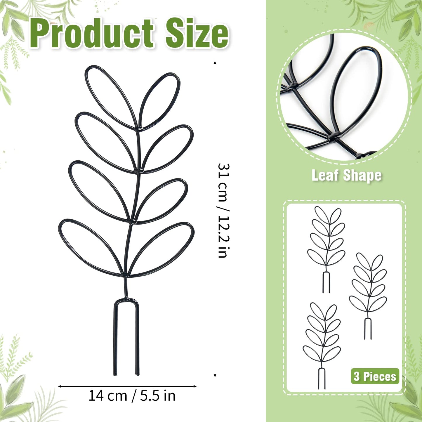 OPUHOHR 3 Pcs Leaf Shape Plant Trellis for Climbing Plants, 12.2 inch Plant Trellis Indoor, DIY Climbing Trellis Flower Pots Supports for Garden Potted Plantfor Flowers Indoor Outdoor