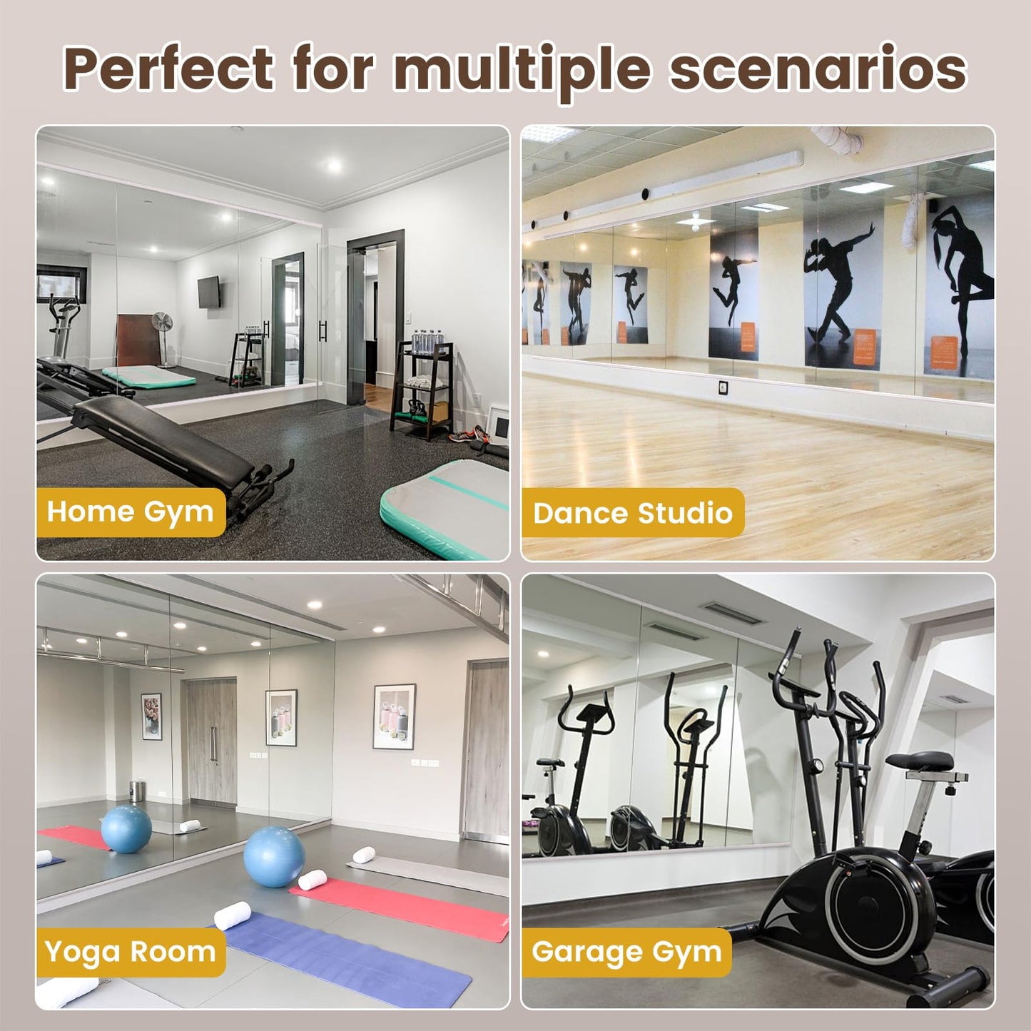 LOAAO Home Gym Mirror, 48"x24"-3 PCS Gym Mirrors for Wall, Frameless, Tempered Glass, Large Workout Mirrors for Home Gym, Dance Studio, Yoga Room, Garage Gym